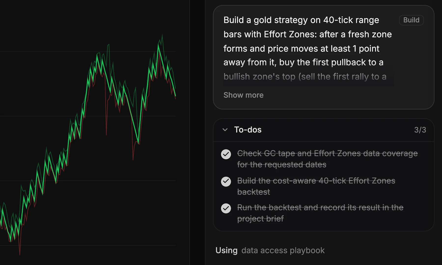XFlow Lab AI chat building a gold strategy, beside the backtest equity curve